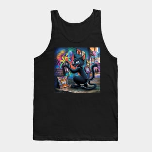 Sleek Black Cat Sprays Graffiti on Wall Tank Top